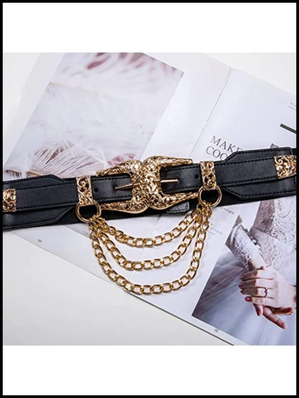 Vintage Western Adjustable Elastic Belts with Double Buckle and Gold Chain